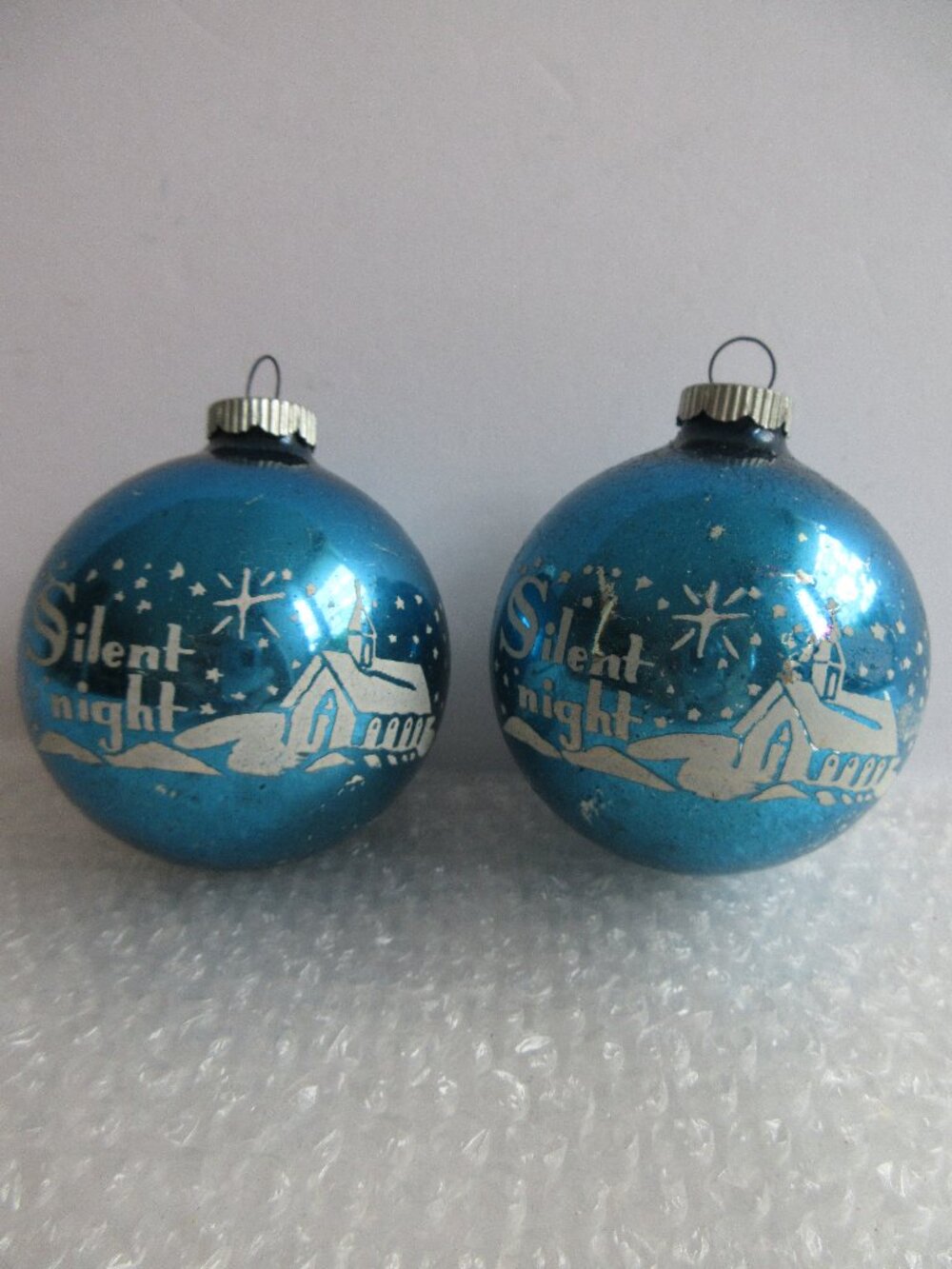 Shiny Brite Stencil Silent Night Blue Glass Christmas Ornament Vtg Lot of 2